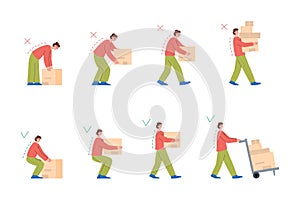 Correct back posture when lifting heavy loads, boxes, set of vector flat illustrations on white background.