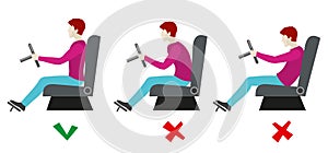 Correct and bad sitting postures for driver. Vector infographics photo