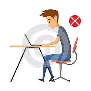 Correct body alignment in sitting working with computer. Wrong posture cause office syndrome and back pain. Vector