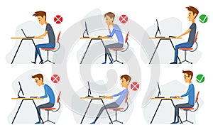 Correct body alignment in sitting working with computer. Wrong posture cause office syndrome and back pain. Vector