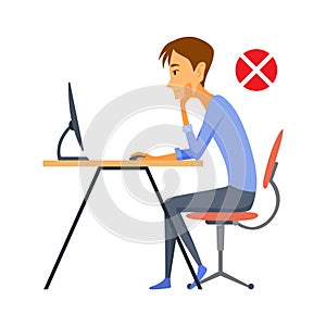 Correct body alignment in sitting working with computer. Wrong posture cause office syndrome and back pain. Vector