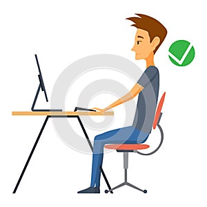 Correct body alignment in sitting working with computer. Wrong posture cause office syndrome and back pain. Vector