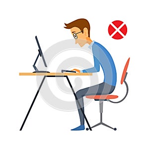 Correct body alignment in sitting working with computer. Wrong posture cause office syndrome and back pain. Vector