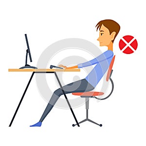 Correct body alignment in sitting working with computer. Wrong posture cause office syndrome and back pain. Vector