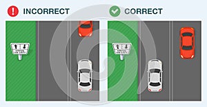 Correct and incorrect driving. Top view of a car on a left hand drive traffic. Australian road.