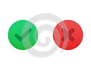 Correct or incorrect icon. Right or wrong answer in green and red gradient colors. Ok and no cross checkmark. Positive and