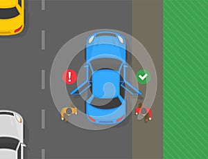 Correct and incorrect passenger drop off. Characters exits car from the driver and passenger side.