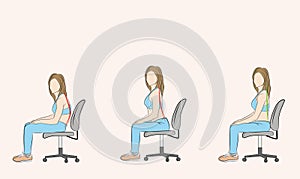 Correct and incorrect posture when sitting on a chair. medical recommendations. vector illustration.