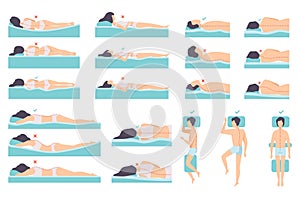 Correct and incorrect posture of spine during sleep set. Men and women sleeping in different poses cartoon vector