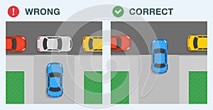 Correct and incorrect roadside parking. Legal and illegal parking. Blocked driveway. Top view.