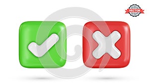 Correct and incorrect signs, right and wrong mark icons. Green and red checkmark buttons with tick and cross symbols