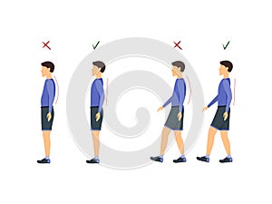 Correct or Incorrect Standing and Walking Posture. Vector
