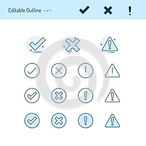 Correct incorrect thin line icons, Caution icon, right wrong icon, accept reject, tick, cross, close, positive negative