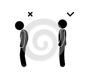 Correct posture illustration, spine curvature icon, man stands