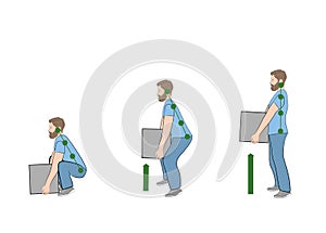 Correct posture to lift a heavy object safely. Illustration of health care. vector illustration