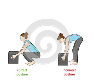 Correct posture to lift a heavy object safely. Illustration of health care. vector illustration