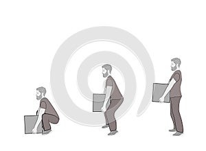 Correct posture to lift a heavy object safely. Illustration of health care. vector illustration