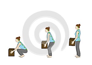 Correct posture to lift a heavy object safely. Illustration of health care. vector illustration