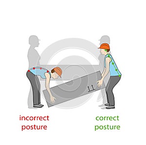 Correct posture to lift a heavy object safely. Illustration of health care. vector illustration