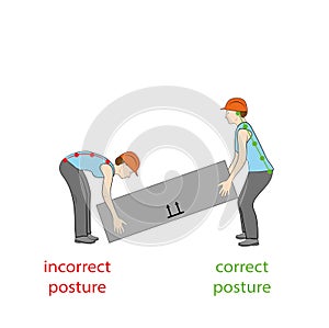 Correct posture to lift a heavy object safely. Illustration of health care. vector illustration