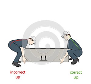 Correct posture to lift a heavy object safely. Illustration of health care. vector illustration