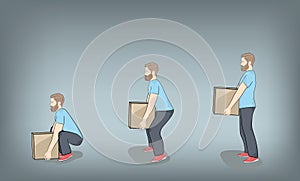 Correct posture to lift a heavy object safely. Illustration of health care. vector illustration