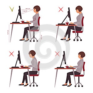 correct sitting position, office desk posture, vector