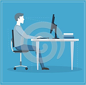 Correct Sitting Posture at Computer. Vector