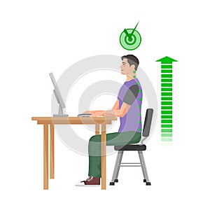 Correct spine posture sitting at computer