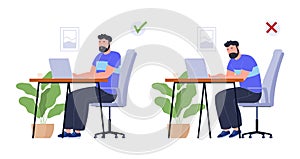 The correct way to sit at a desk while using a computer. Correct posture for a healthy back. Vector illustration