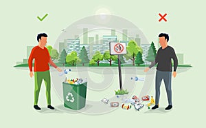 Correct and Wrong Littering Garbage around the Trash Bin with Pe