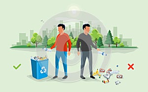 Correct and Wrong Littering Garbage around the Trash Bin with Pe