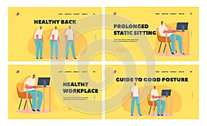 Correct and Wrong Posture of Back Bones Landing Page Template Set. Spinal Deformity, Scoliosis and Spine Curvature