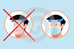 Correct and wrong way to using protective full antivirus medical face shield info graphic concept  man wearing surgical mask