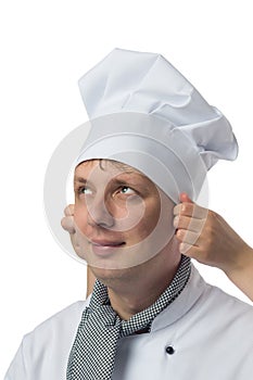 We corrected chef hat on his head photo