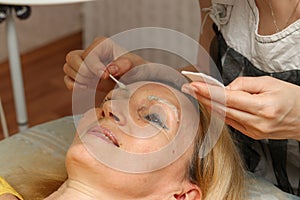 Correction and Tint Henna of Eyebrows, Master Applies to Woman Marking on Brows