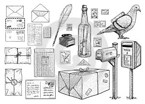 Correspondence equipment collection, illustration, drawing, engraving, ink, line art, vector