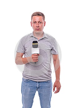 Correspondent or presenter with a microphone on white background.