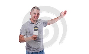 Correspondent or presenter with a microphone on white background.