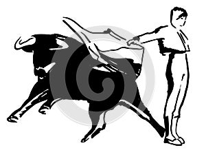 Corrida, bullfighting in Spain. Matador, bullfighter, bull fight. Hand drawn ink sketch. Vector illustration