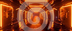 The corridor is bathed in a warm, orange glow, with the play of light creating a sense of depth and intrigue in a sci-fi