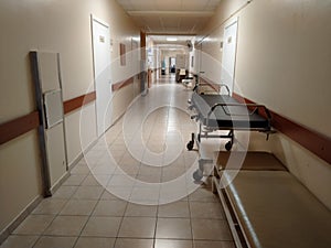 Corridor in the department of surgery in a modern hospital in the evening