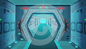 Corridor with a door in a spaceship.Vector cartoon background interior room sci-fi spaceship. Background for games and mobile