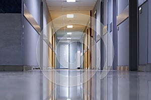 Corridor: floor, ceiling and walls of an office building. Work and business. Interior. An example of installed sockets, switches