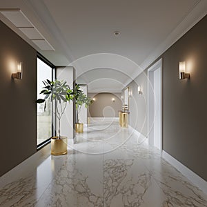 A corridor hall with brown walls and large windows and a white marble floor and flower pots with golden pots with a designer