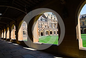 Corridor of heritage building at Sydney University, the image showing beautiful lights and its shadow.