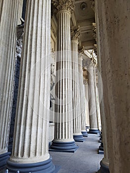 Corridor from high gray columns in antique style.