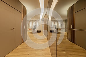 Corridor of a house with walls covered with mirrors, leather with seams