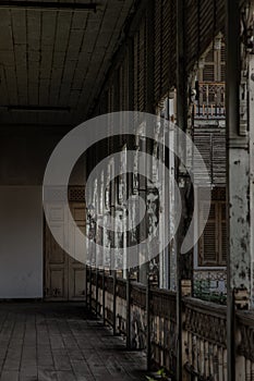 The corridor interior of ancient Thai style house from teak wood. Architecture of old wooden building of the historical nonthaburi