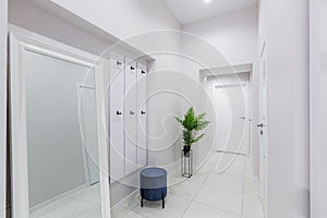 Corridor interior, in an apartment with white walls and bright doors